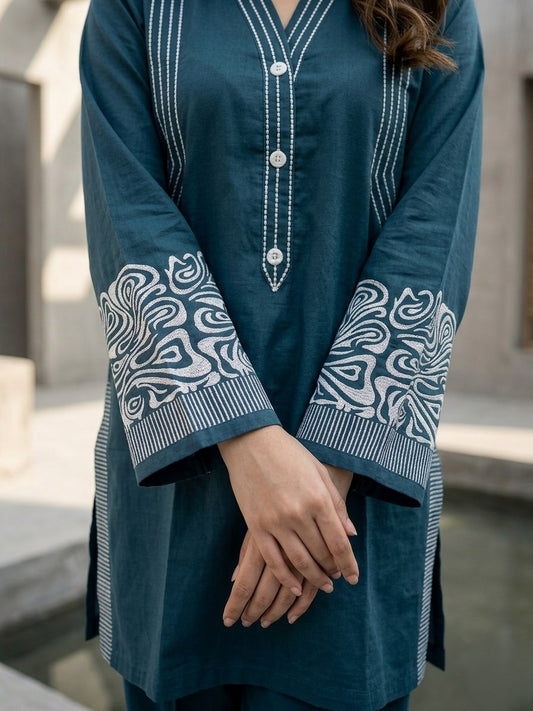 Teal Blue Embroidered Cotton Lawn Co-Ord Set