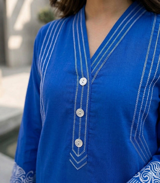 Royal Blue Embroidered Cotton Lawn Co-Ord Set