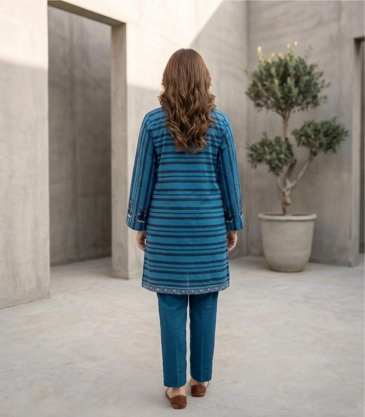 Blue Striped Printed Kurti with Embroidered Neckline & Cuffs