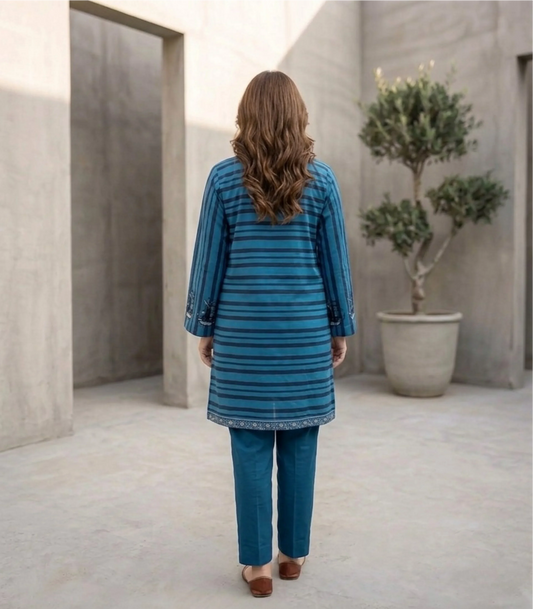 Blue Striped Printed Kurti with Embroidered Neckline & Cuffs