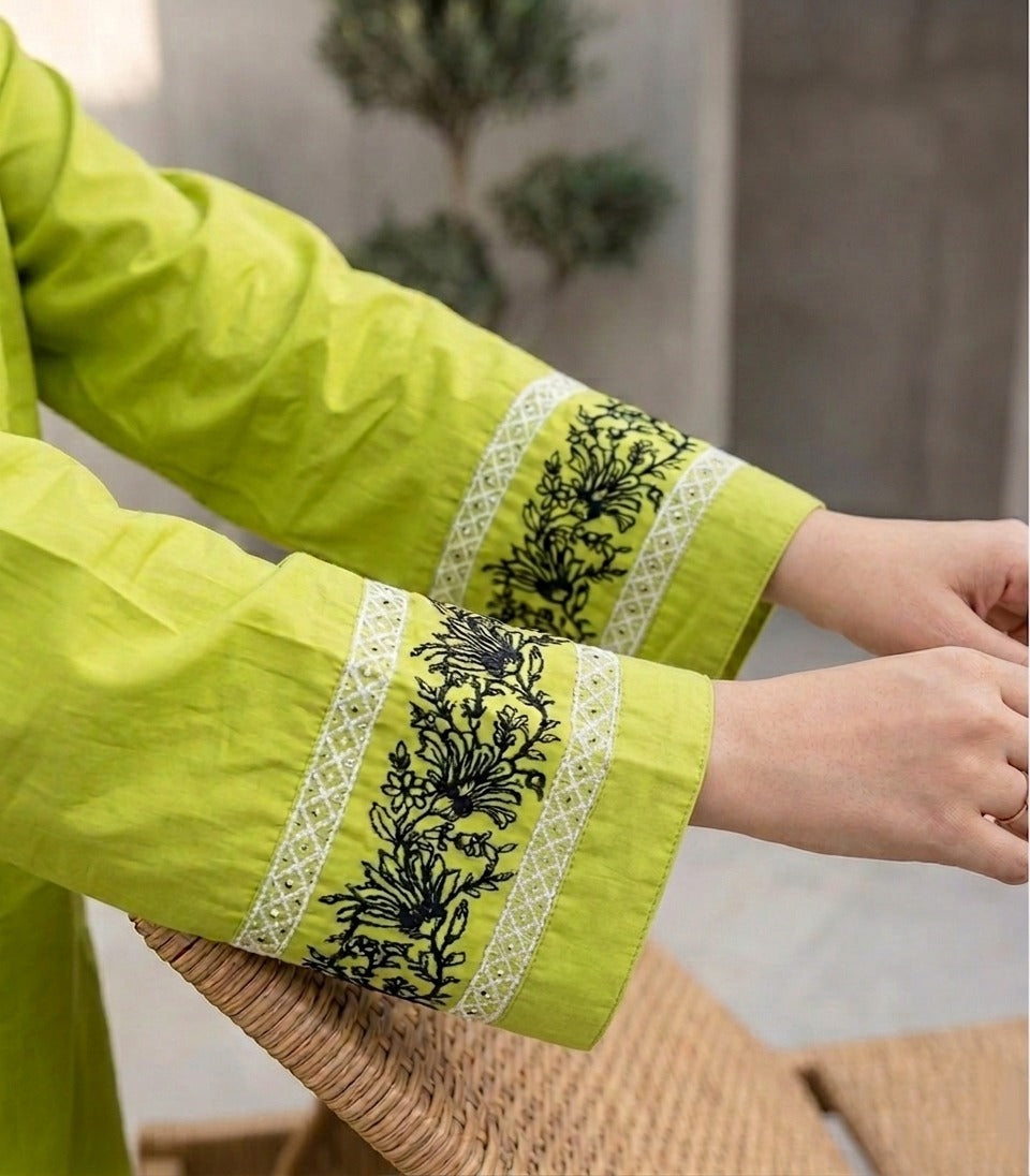 Lime Green Embroidered Kurta for Women Pakistani Ethnic Wear | Sheho.pk