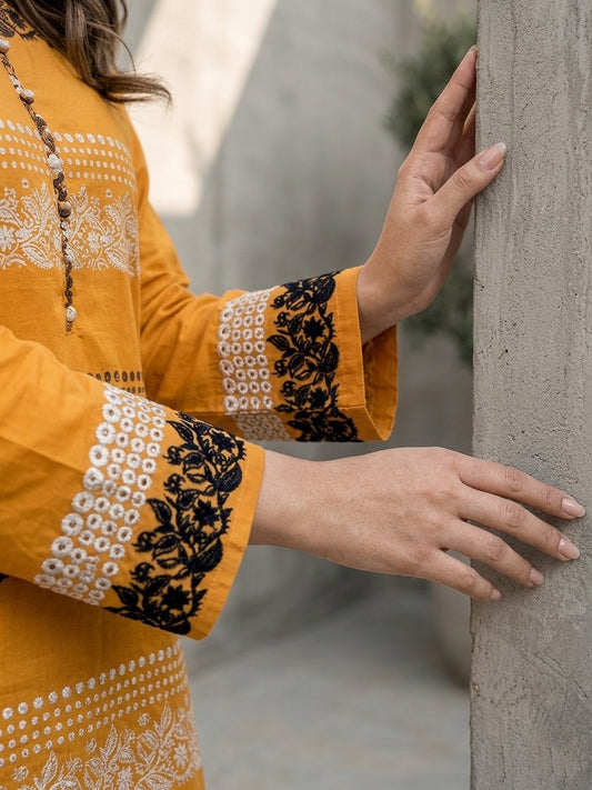 Mustard Yellow Printed Lawn Kurta | Sheho.pk