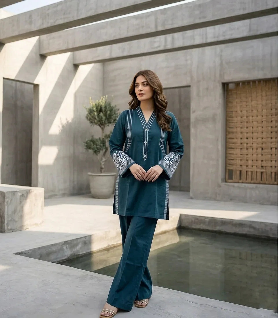 Teal Blue Embroidered Cotton Lawn Co-Ord Set