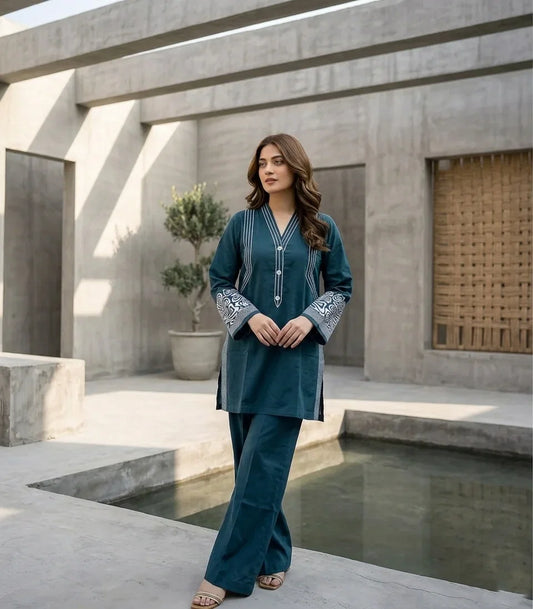Teal Blue Embroidered Cotton Lawn Co-Ord Set