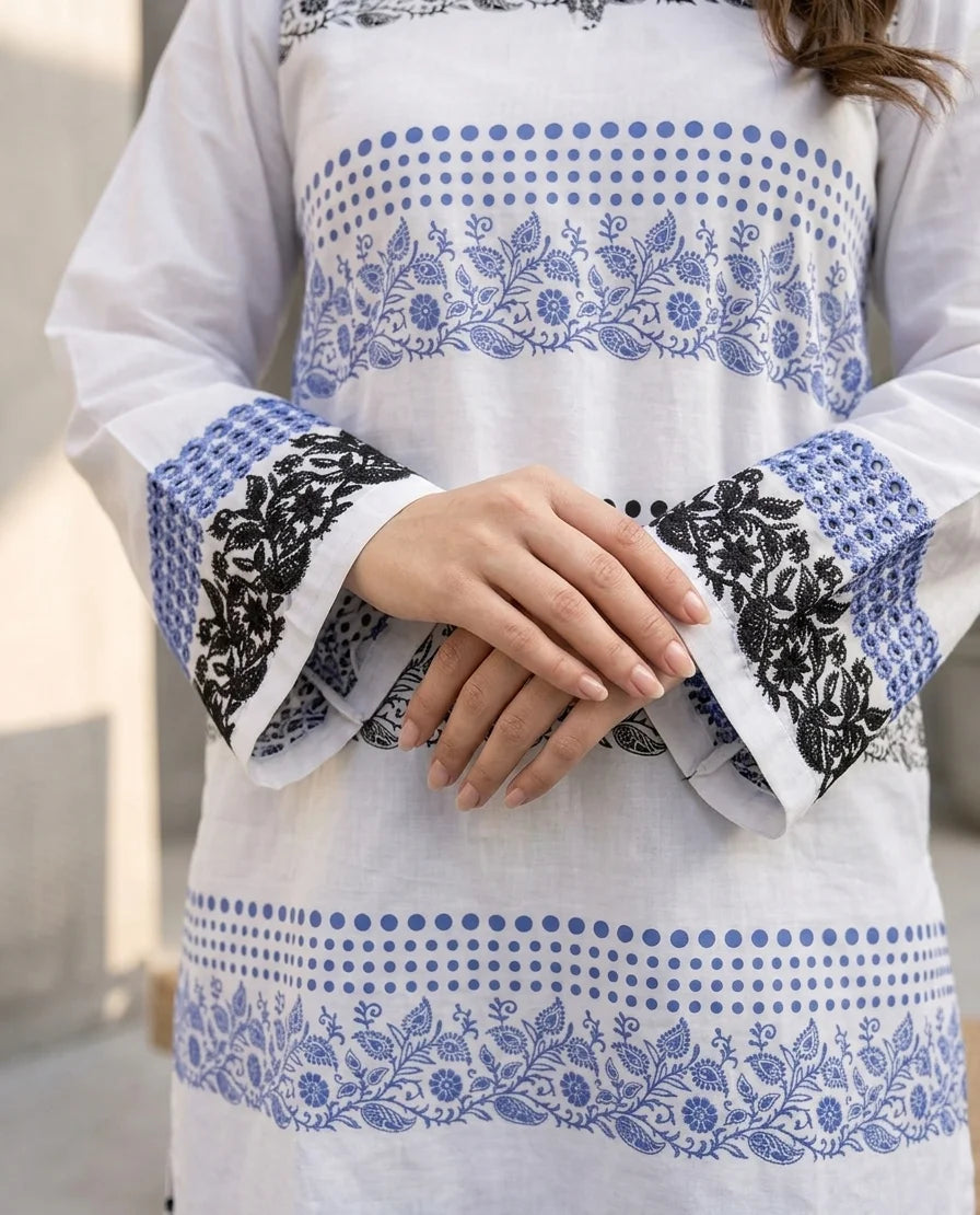 White & Blue Printed Cotton Lawn Long Kurti Co-Ord Set for Women