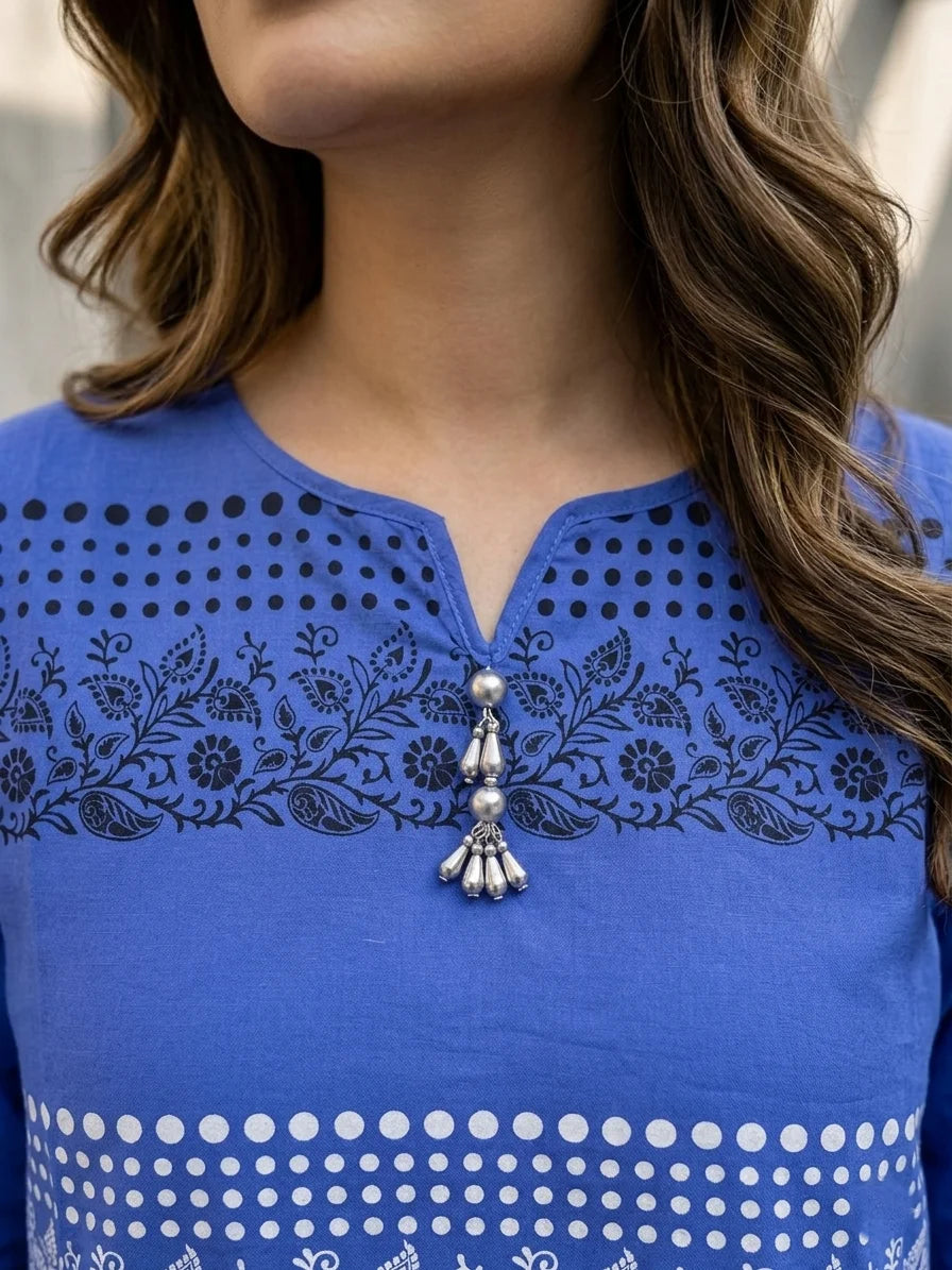 Royal Blue Embroidered Cotton Lawn Kurti short