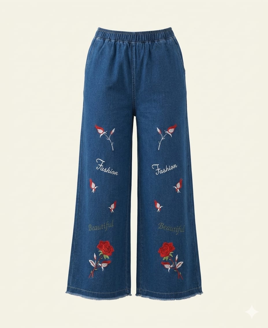 Blue Embroidered Wide-Leg Jeans – Floral Print Denim Pants | Sheho.pk