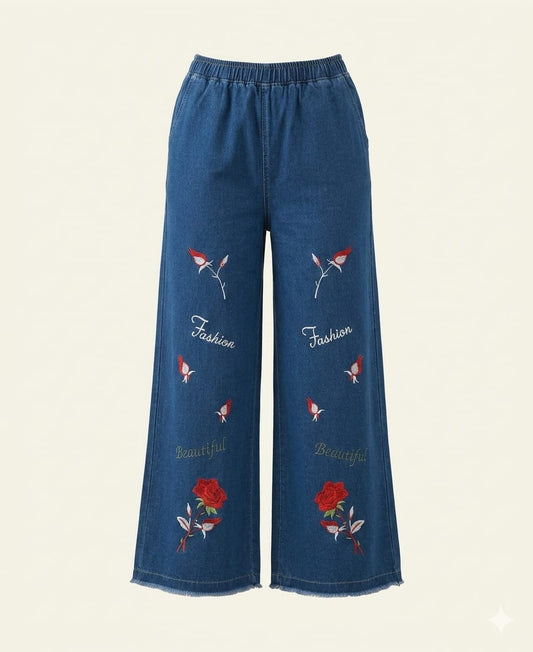 Blue Embroidered Wide-Leg Jeans – Floral Print Denim Pants | Sheho.pk