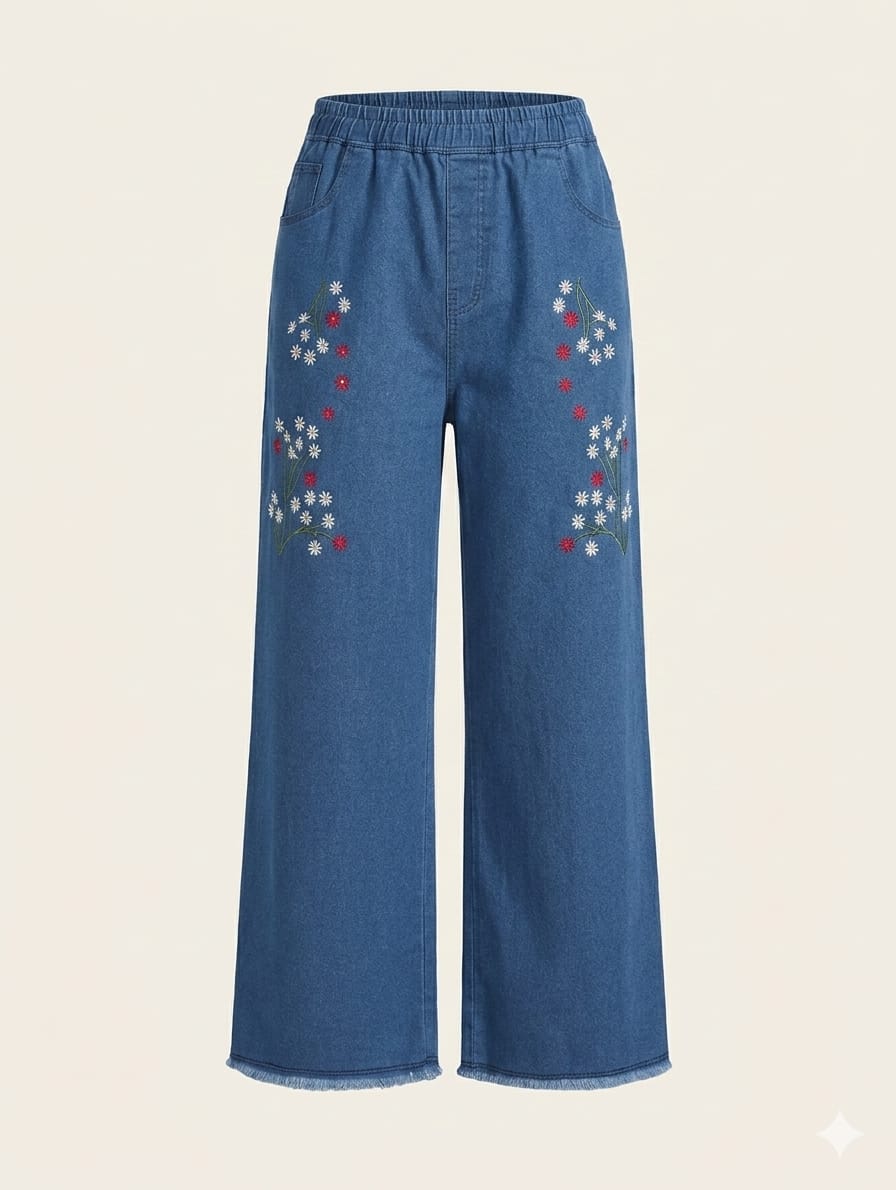 Women’s Blue Floral Embroidered Wide-Leg Jeans | Sheho.pk