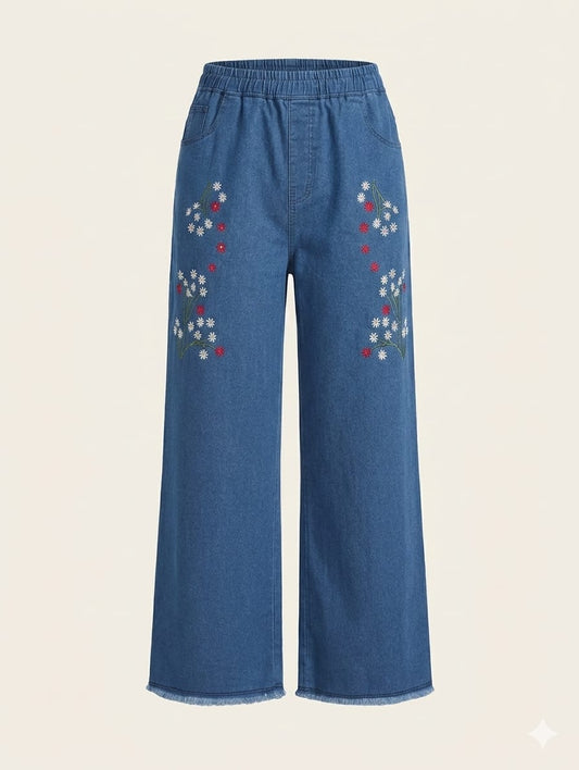 Women’s Blue Floral Embroidered Wide-Leg Jeans | Sheho.pk