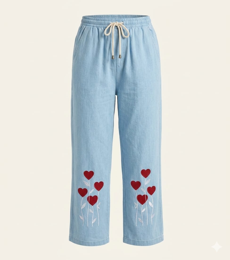 Light Blue Heart Embroidered Jeans – Wide-Leg Denim Pants | Sheho.pk