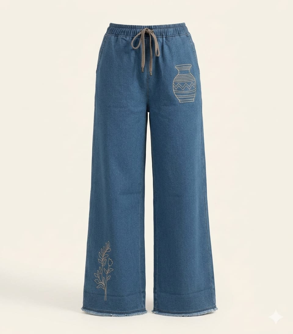 Women’s Blue Embroidered Wide-Leg Jeans – Drawstring Denim Pants | Sheho.pk