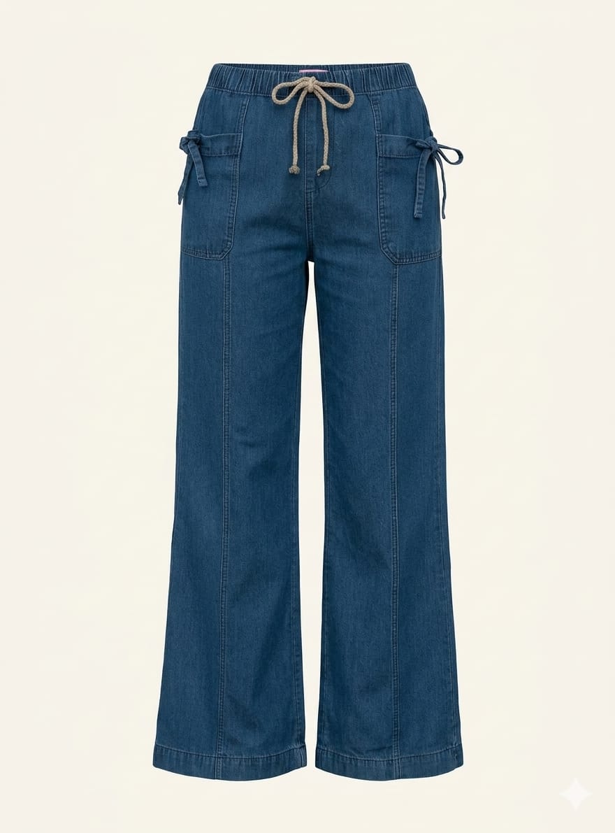 Women’s Blue Embroidered Wide-Leg Jeans Drawstring Denim Pants
