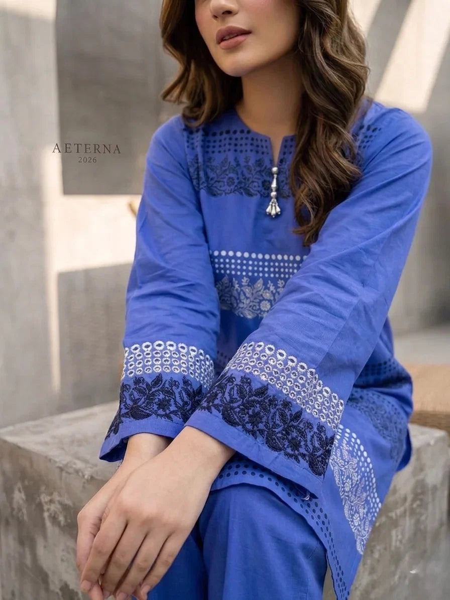 Royal Blue Embroidered Cotton Lawn Kurti short