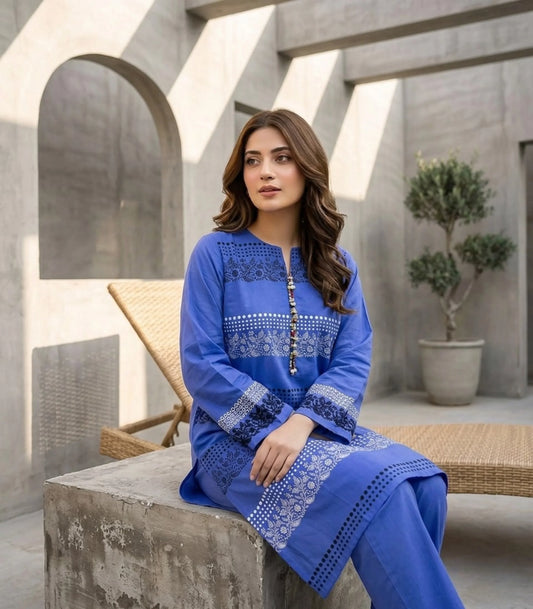 Royal Blue Embroidered Cotton Lawn Kurti short