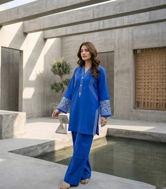 Royal Blue Embroidered Cotton Lawn  Co-Ord Set