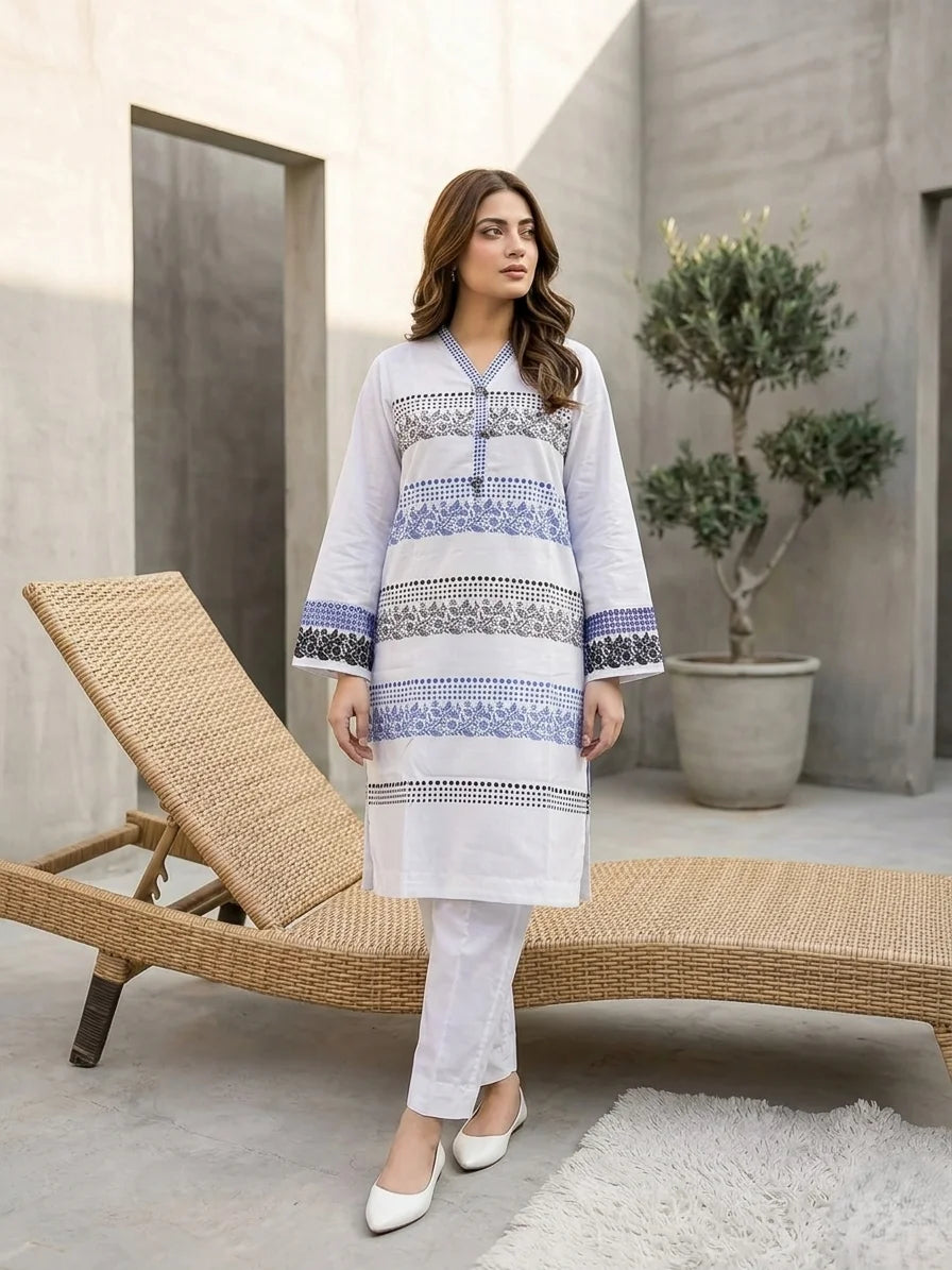 White & Blue Printed Cotton Lawn Long Kurti Co-Ord Set for Women
