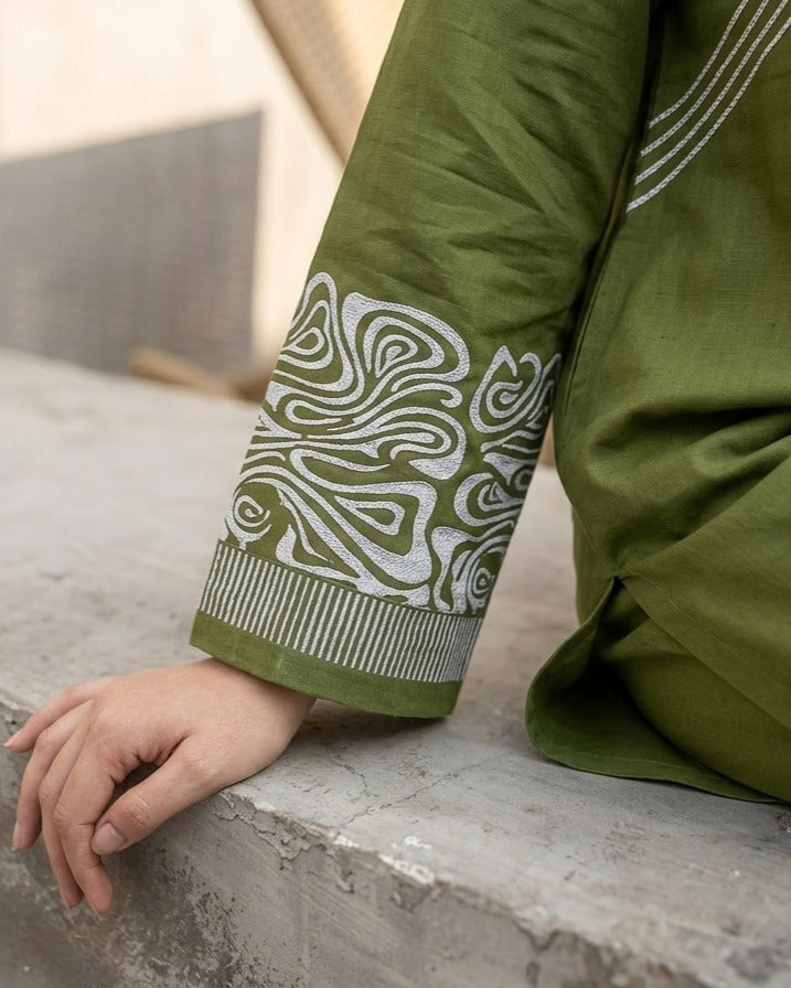 Olive Green Embroidered Cotton Lawn Co-Ord Set