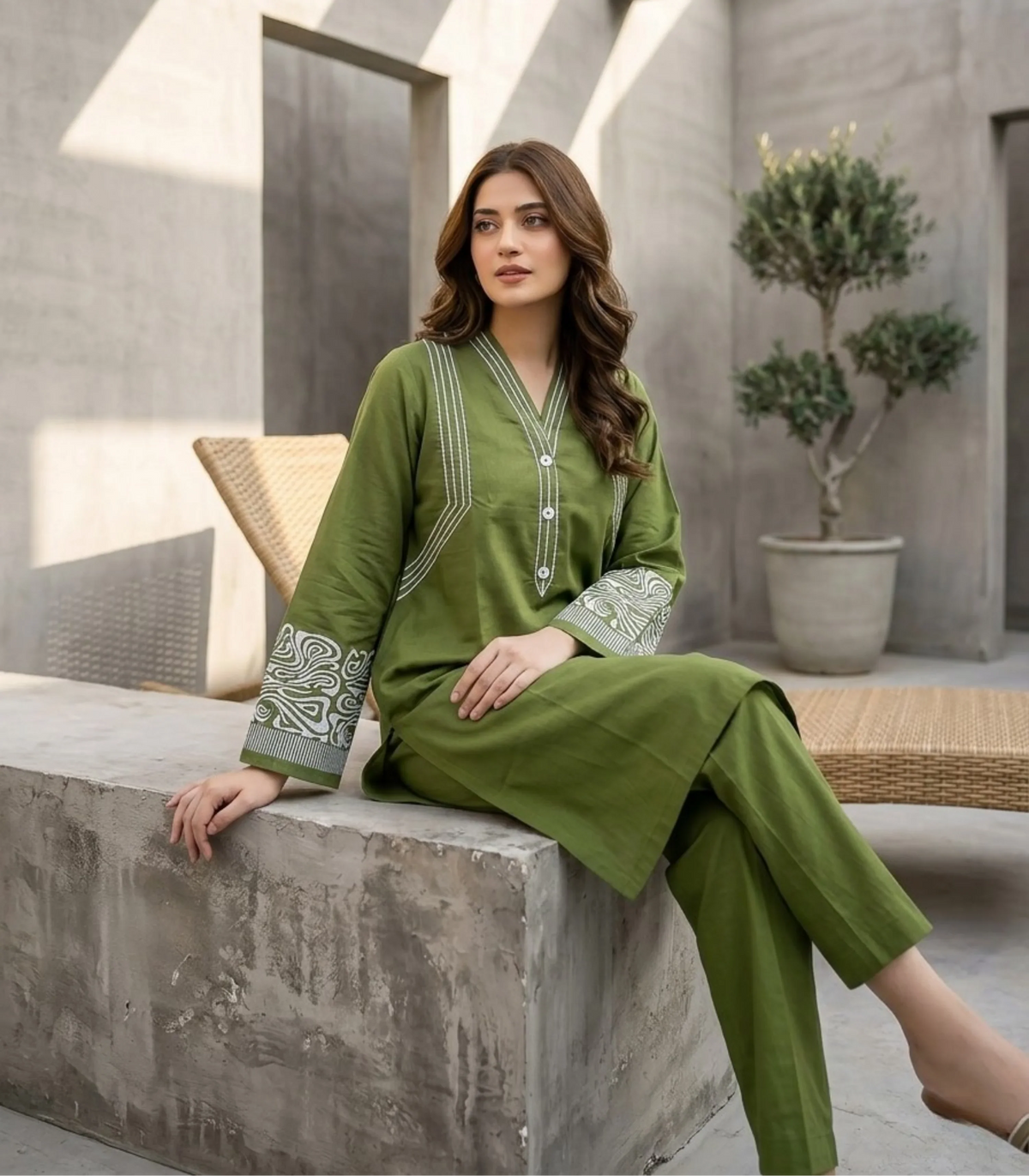 Olive Green Embroidered Cotton Lawn Co-Ord Set