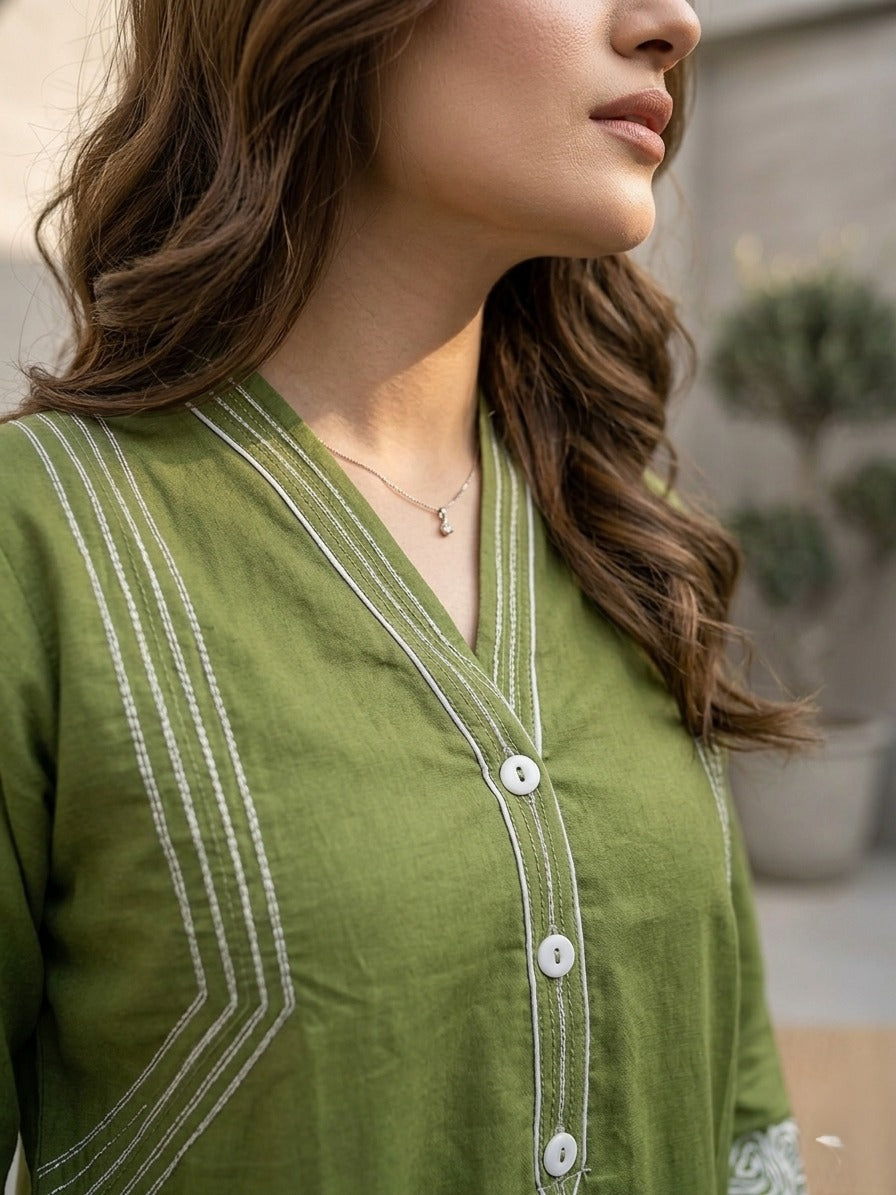 Olive Green Embroidered Cotton Lawn Co-Ord Set