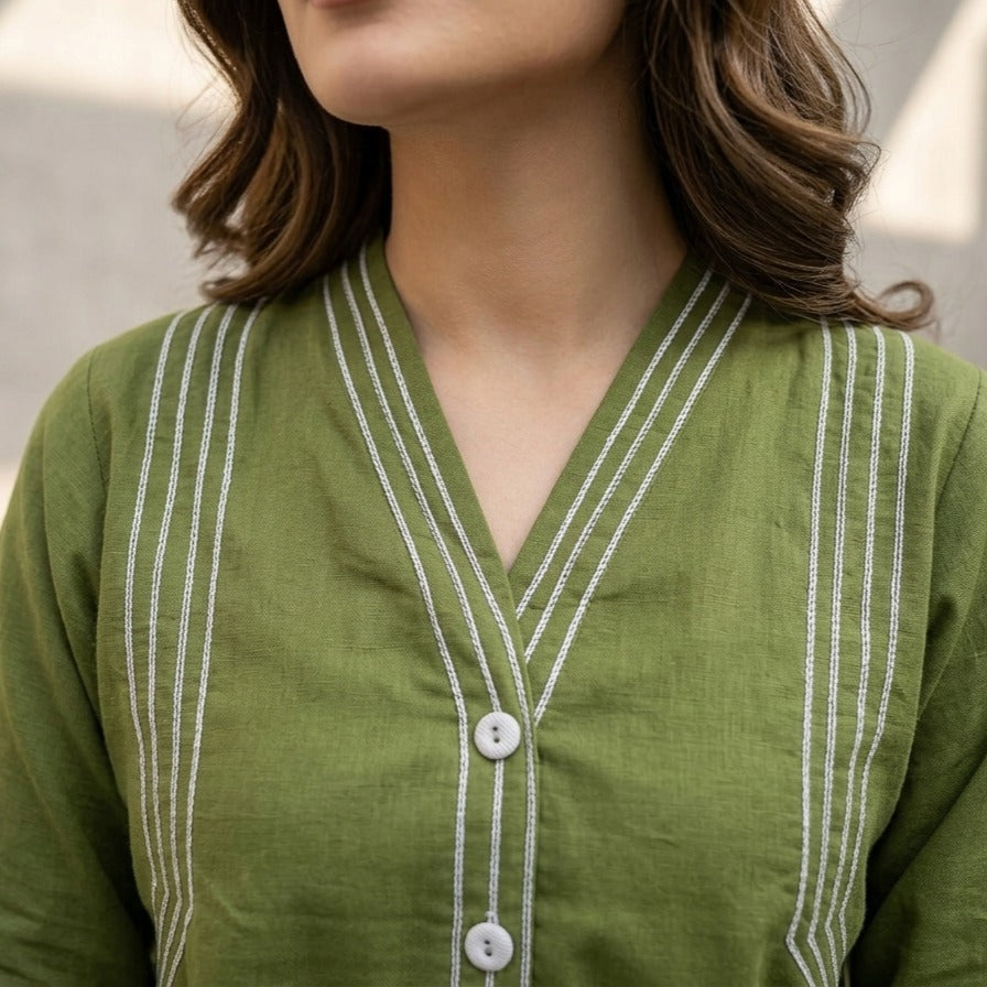 Olive Green Embroidered Cotton Lawn Co-Ord Set