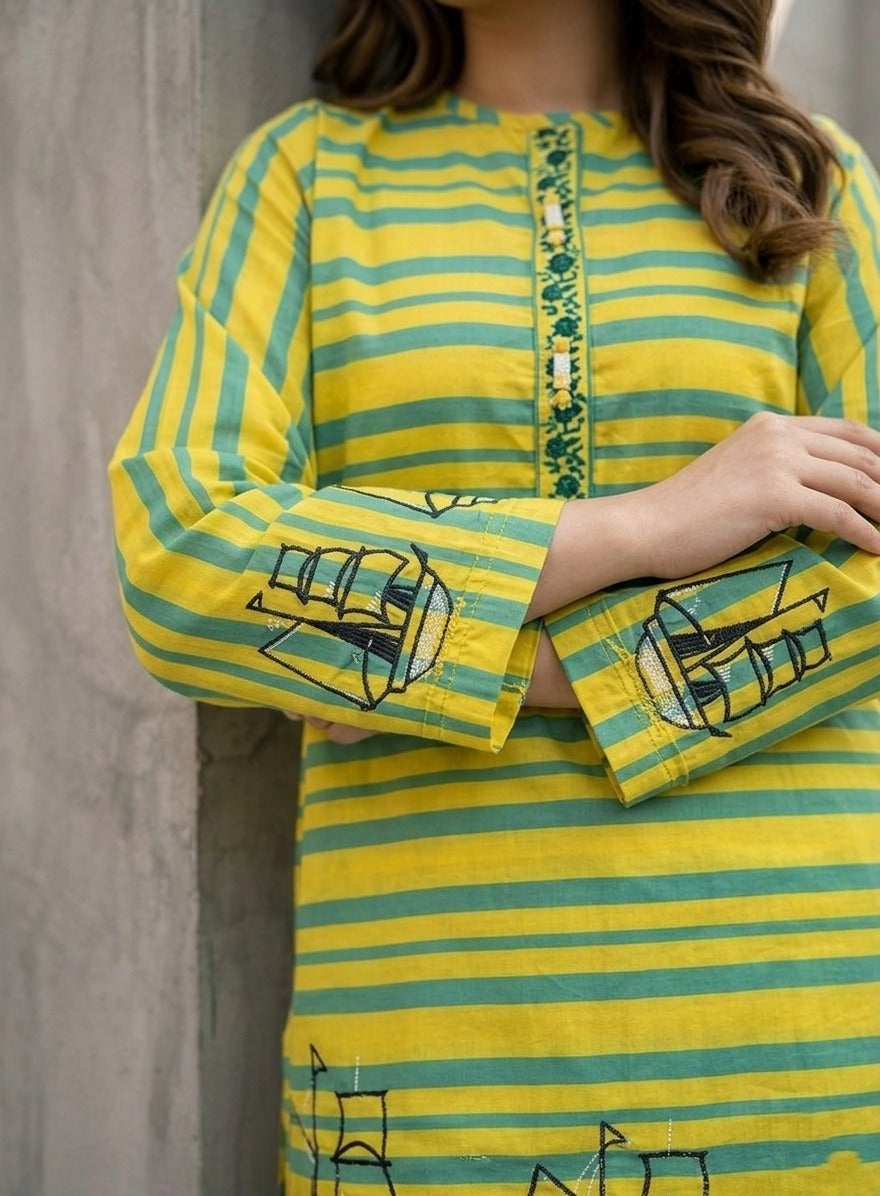 Yellow & Teal Striped Printed Short Shirt