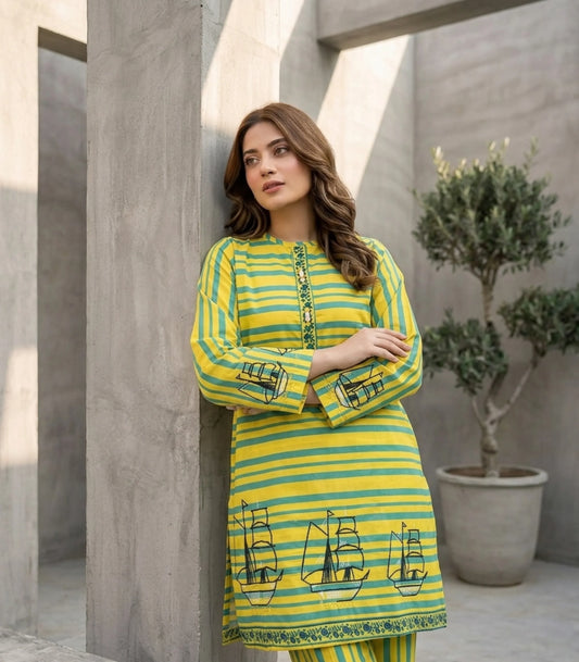 Yellow & Teal Striped Printed Short Shirt
