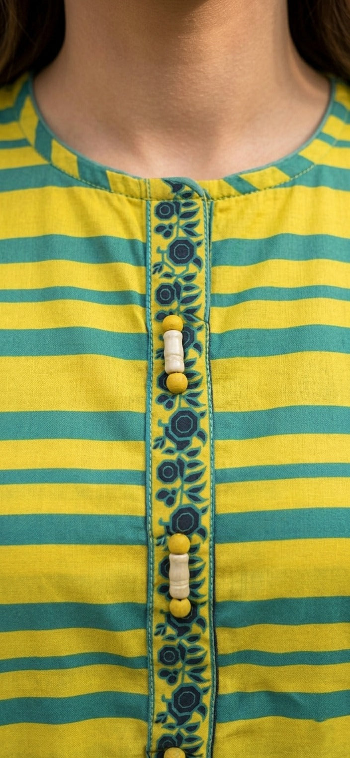 Yellow & Teal Striped Printed Short Shirt
