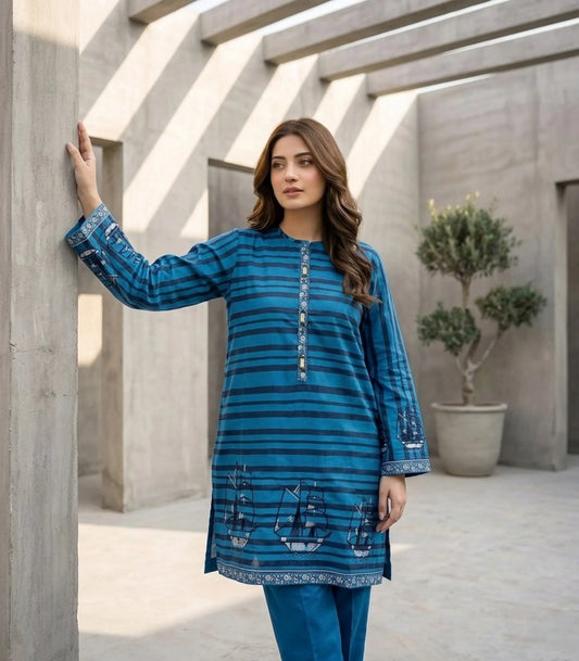Blue Striped Printed Kurti with Embroidered Neckline & Cuffs