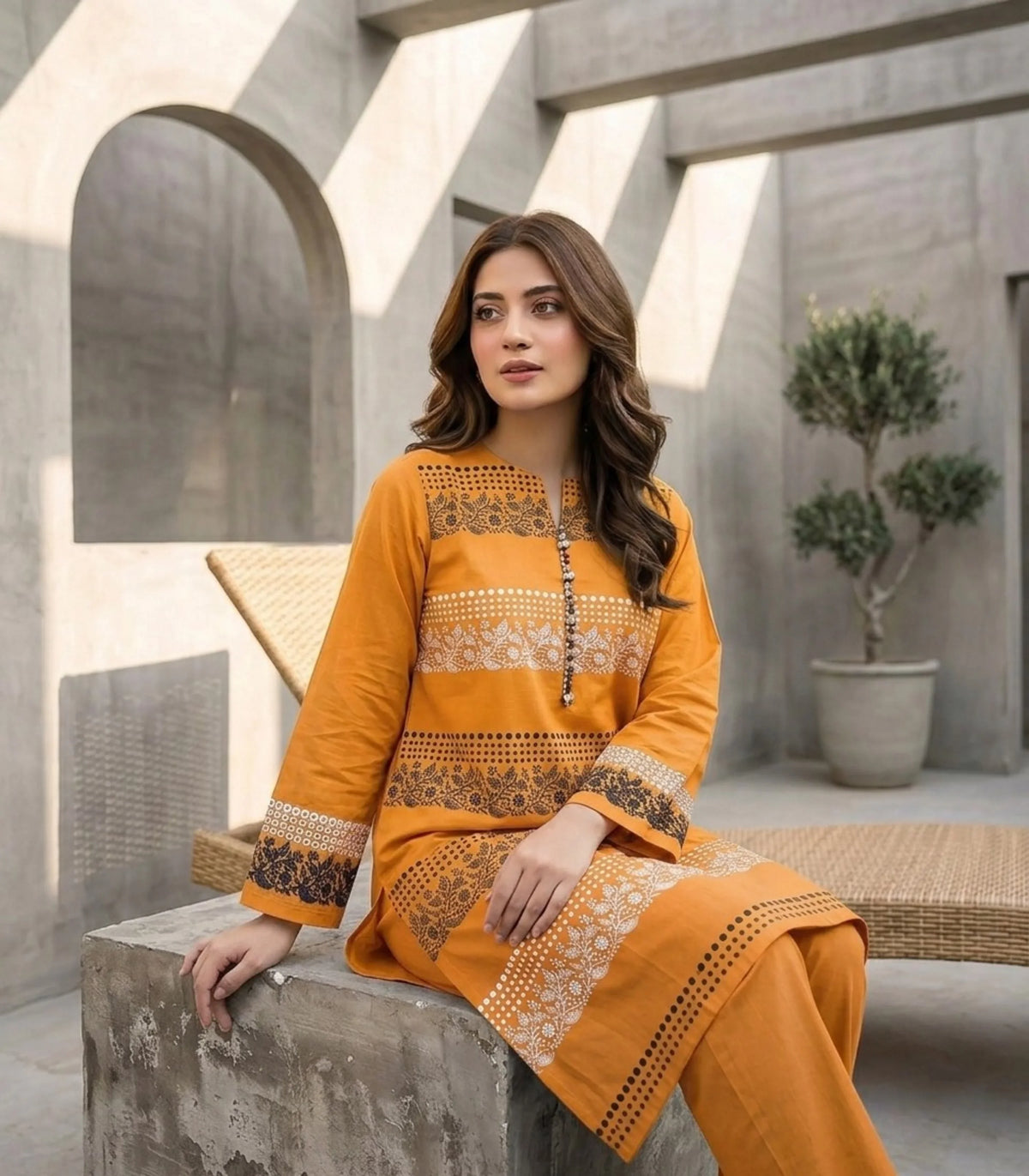 Mustard Yellow Printed Lawn Kurta | Sheho.pk