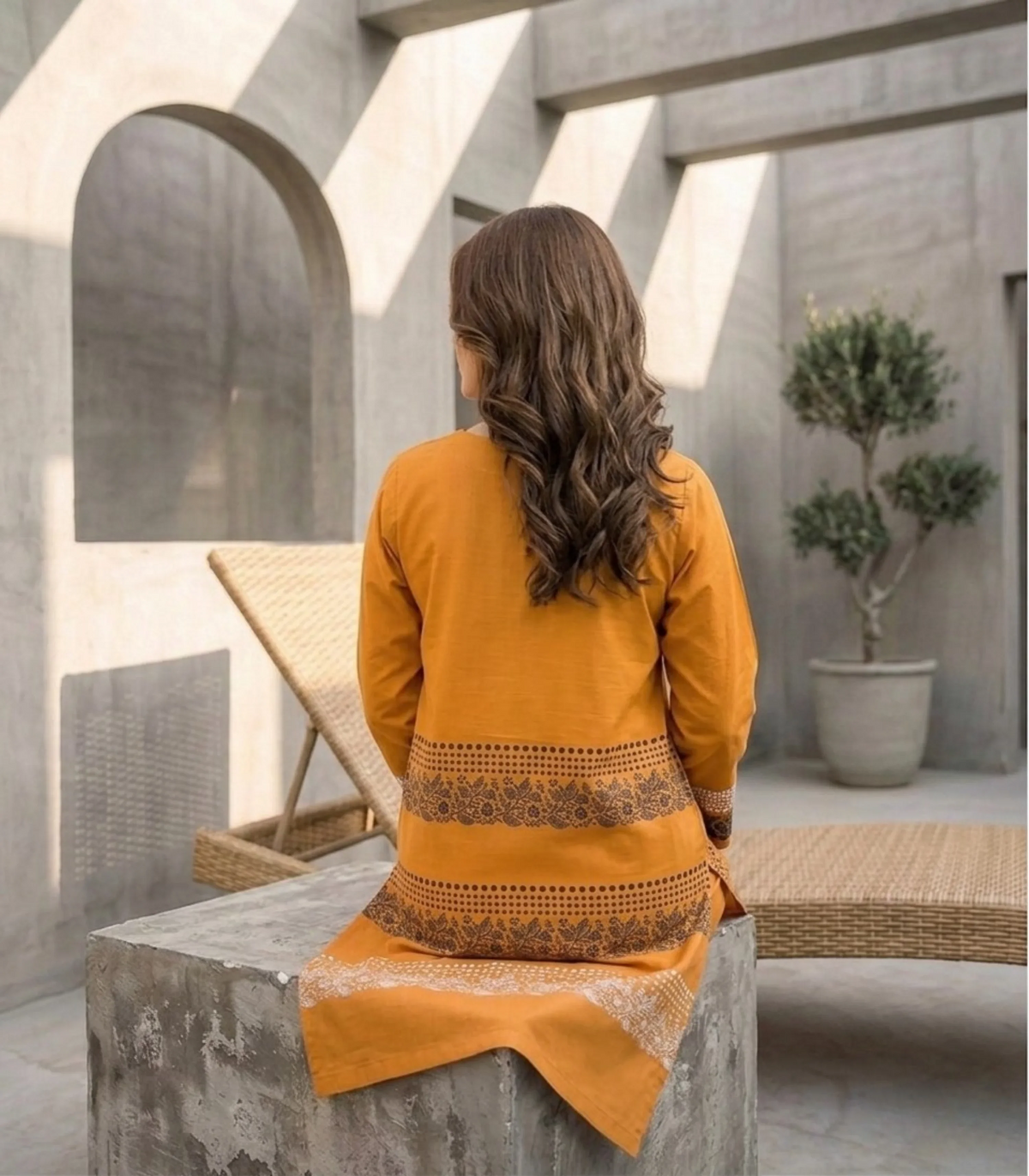 Mustard Yellow Printed Lawn Kurta | Sheho.pk
