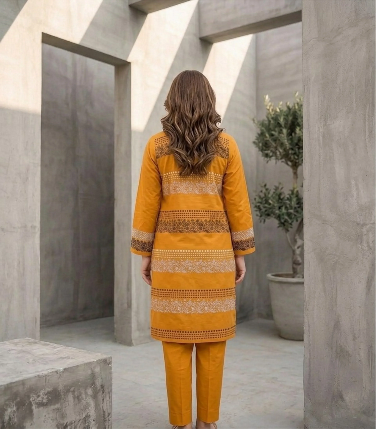 Mustard Yellow Printed Lawn Kurta | Sheho.pk