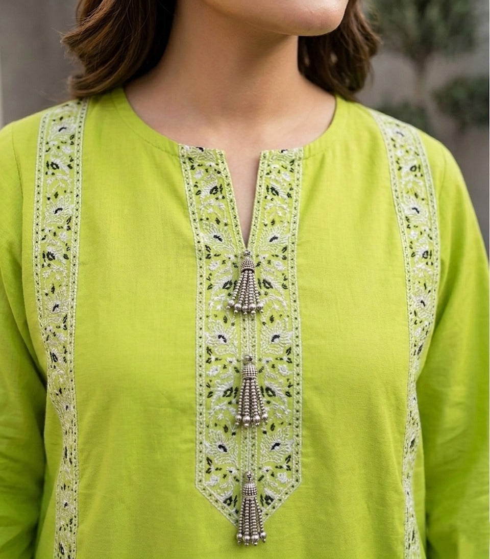 Lime Green Embroidered Kurta for Women  Pakistani Ethnic Wear | Sheho.pk