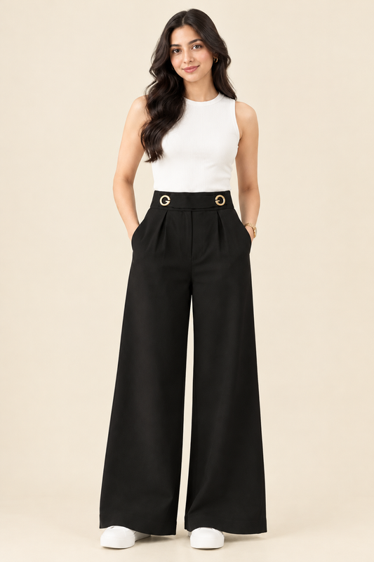 Black Wide Leg Pants with Gold Buckle Waist