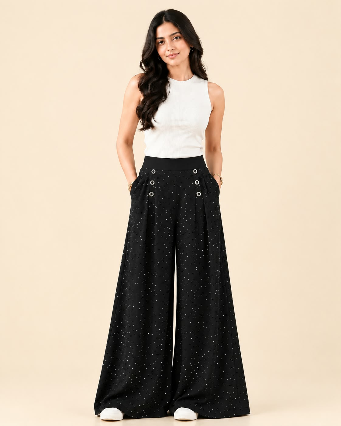Black Dotted Wide Leg Palazzo Pants