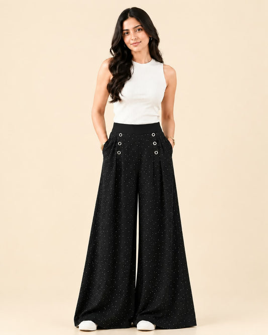Black Dotted Wide Leg Palazzo Pants