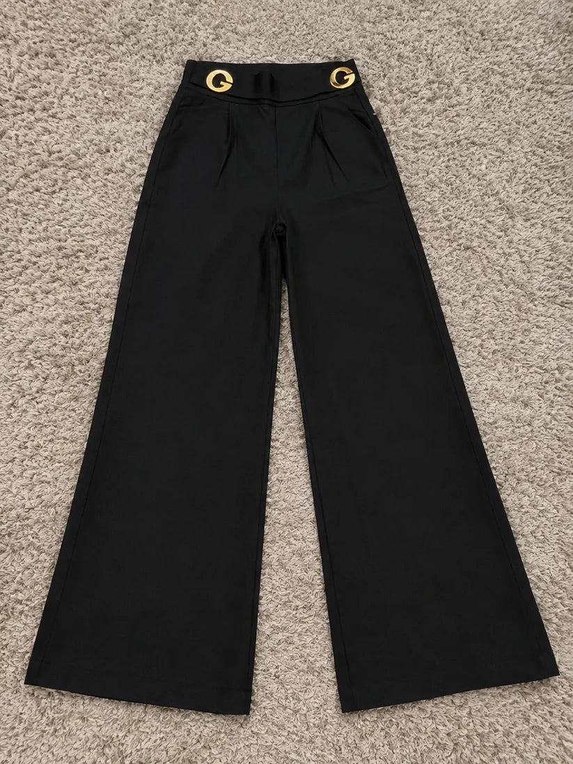 Black Wide Leg Pants with Gold Buckle Waist