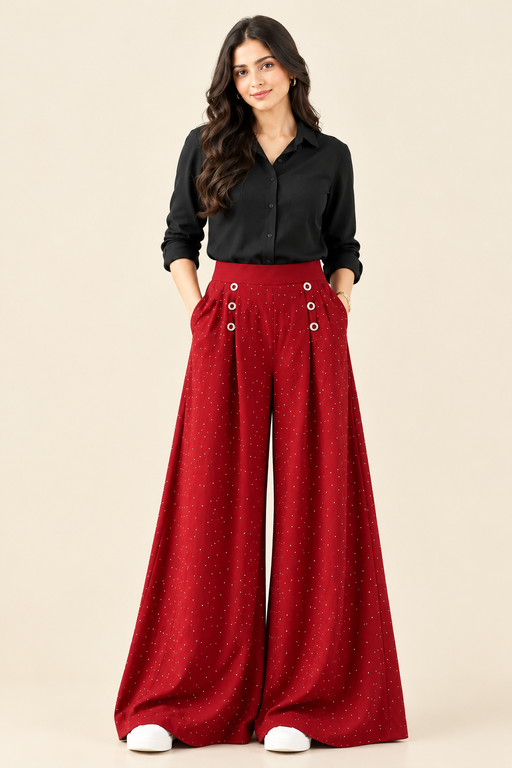 Maroon Dotted Wide Leg Palazzo Pants