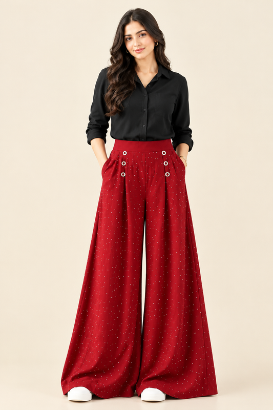 Maroon Dotted Wide Leg Palazzo Pants