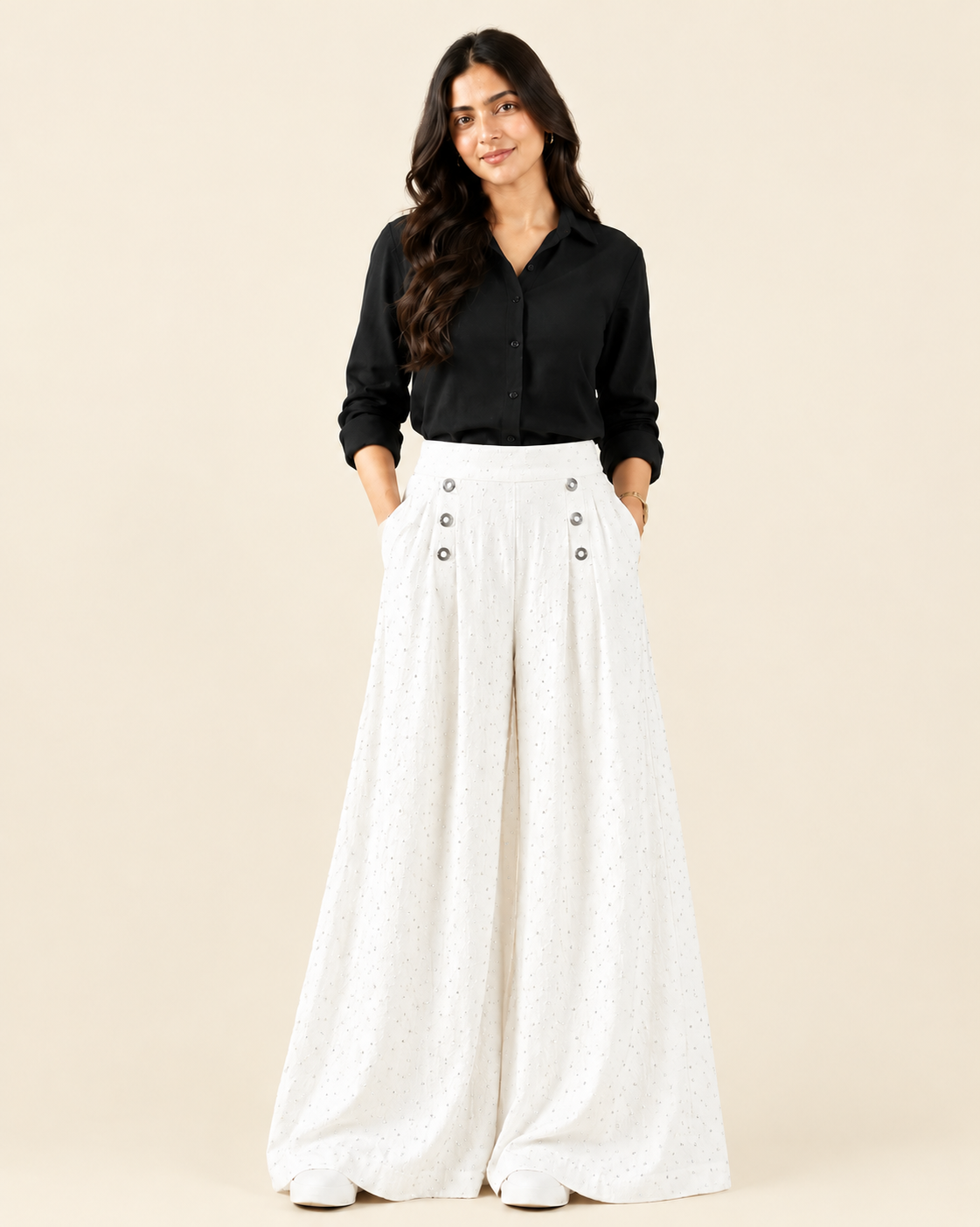 White Dotted Wide Leg Palazzo Pants