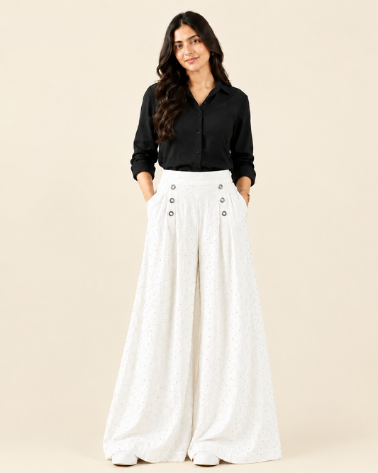 White Dotted Wide Leg Palazzo Pants